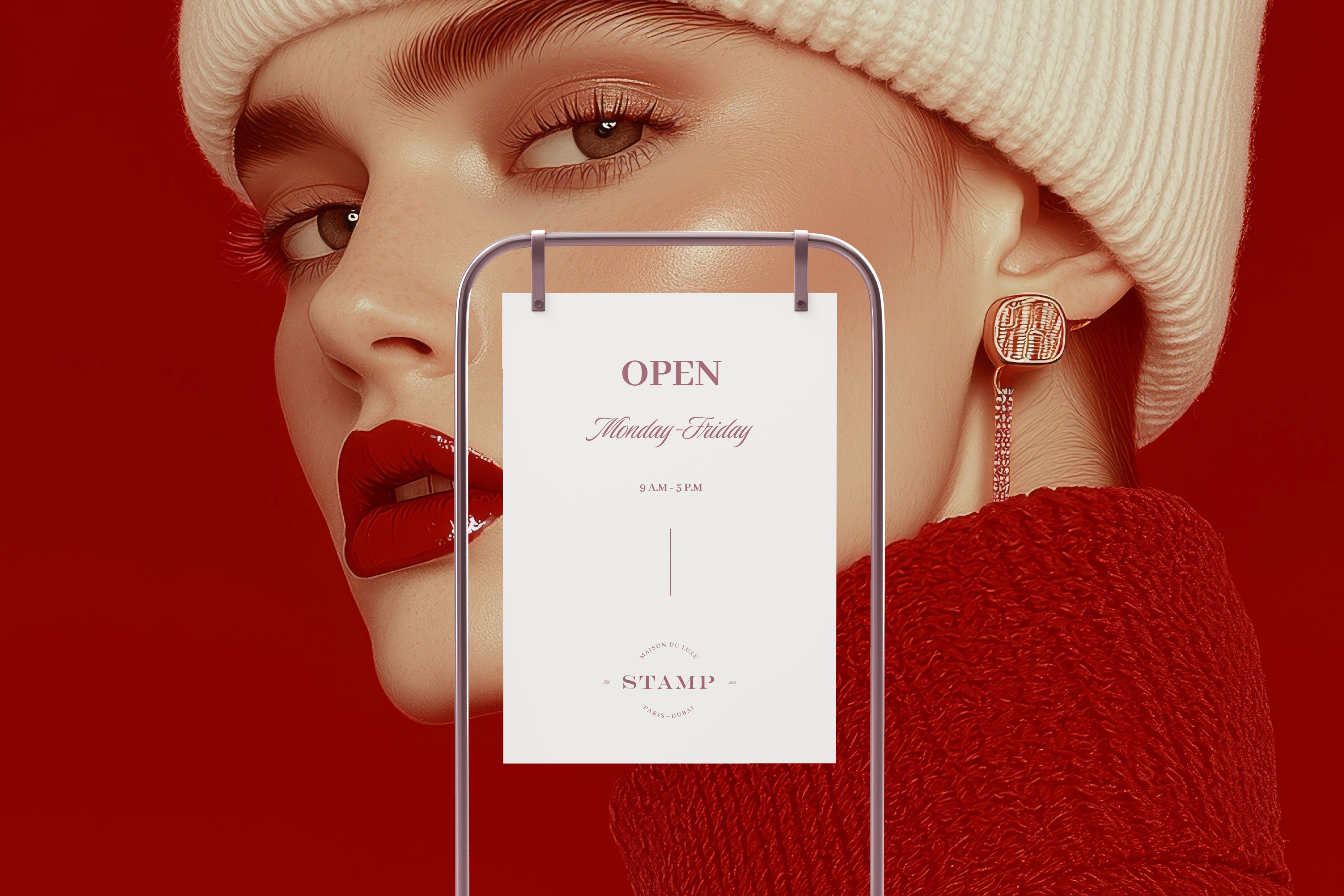 A minimal yet bold shop sign with STAMP branding, framed against a stylish portrait of a model in a cozy knit hat and statement accessories.