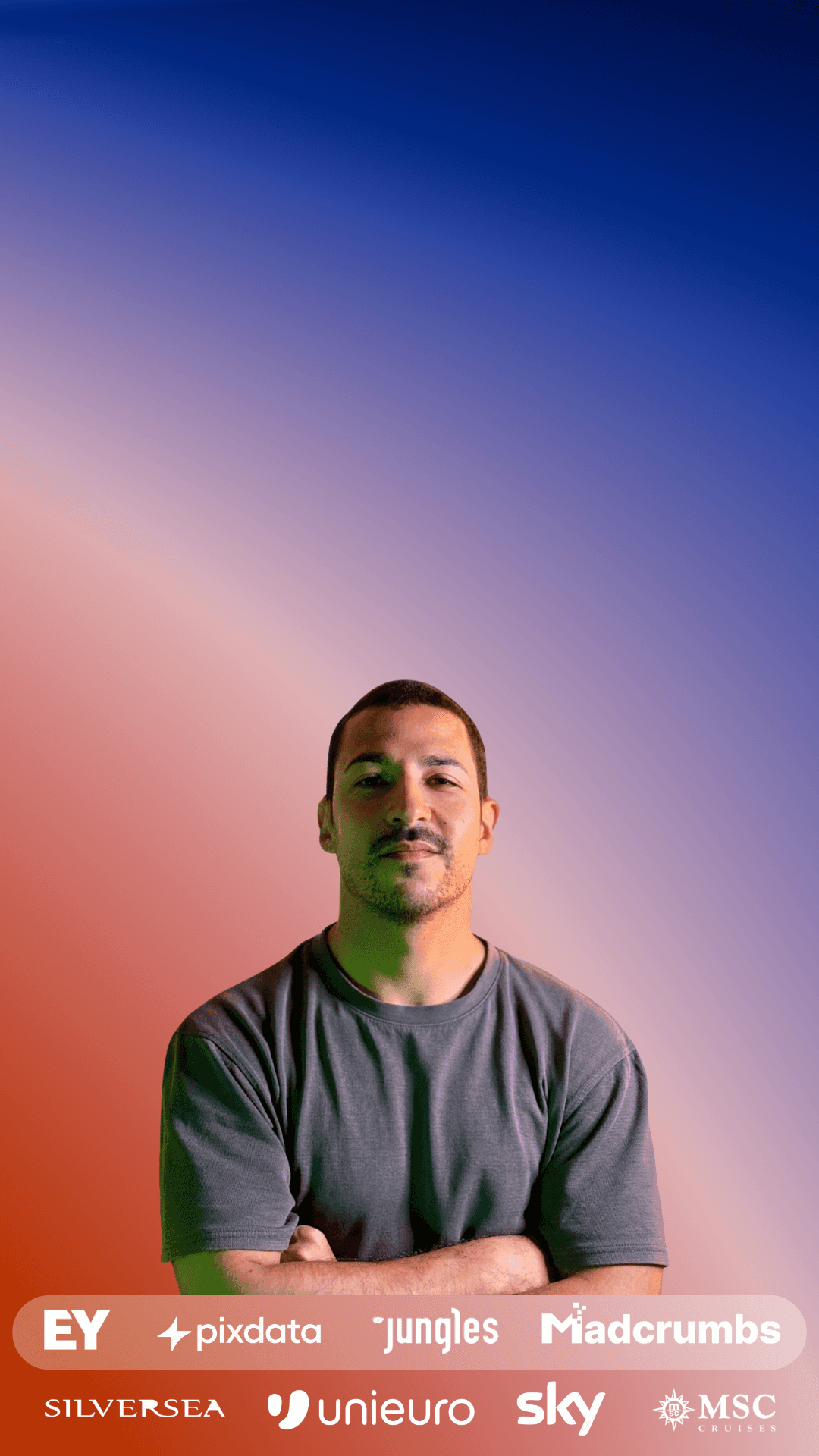 Primo piano di Luca Meloni, CRO Expert, su uno sfondo sfumato blu e arancione e barra con i loghi delle precedenti collaborazioni