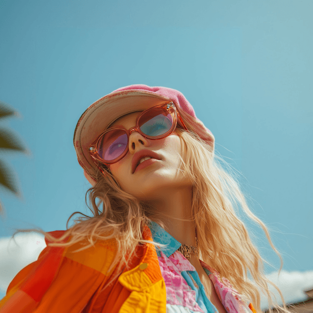 Stylish woman in a pink hat and tinted sunglasses posing outdoors against a bright blue sky, wearing colorful fashion layers in warm sunlight.