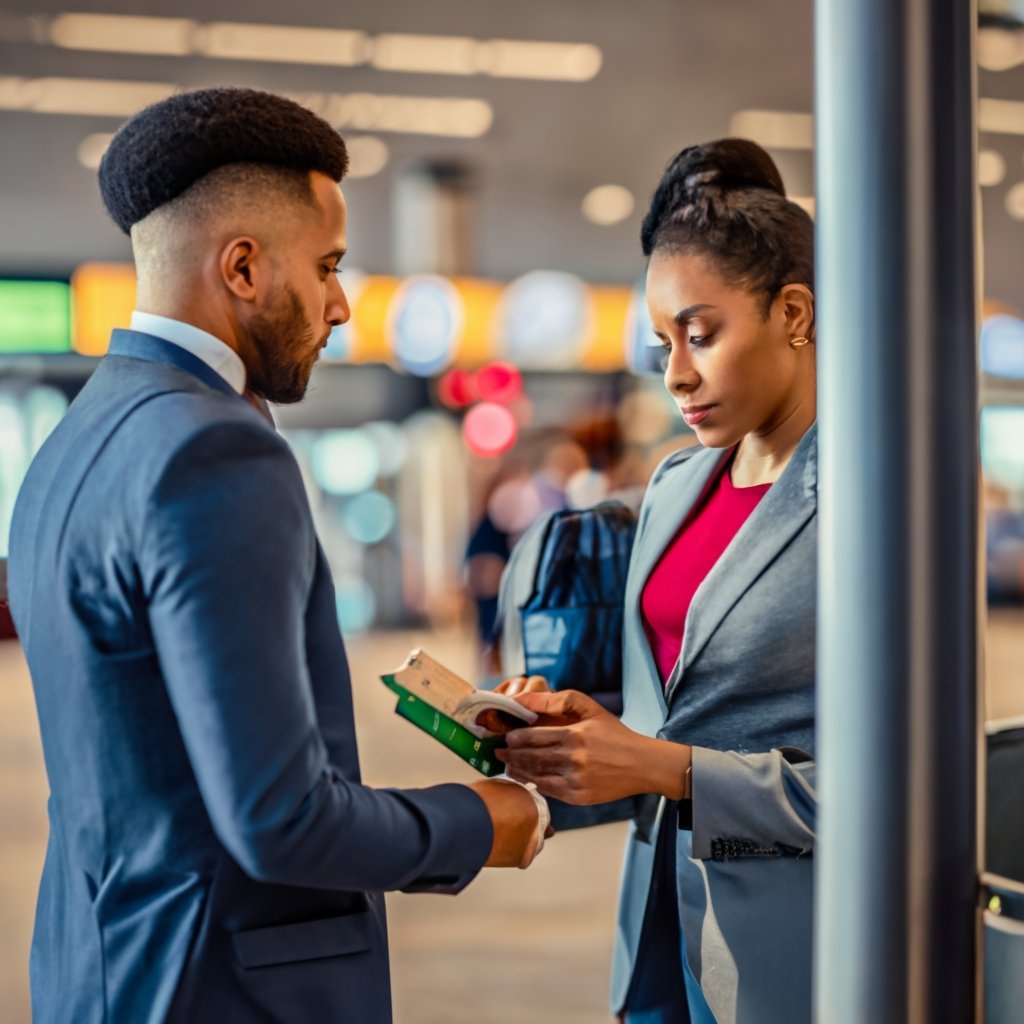 Customs officers reviewing passports at airport immigration, illustrating U.S. Immigration Customs.