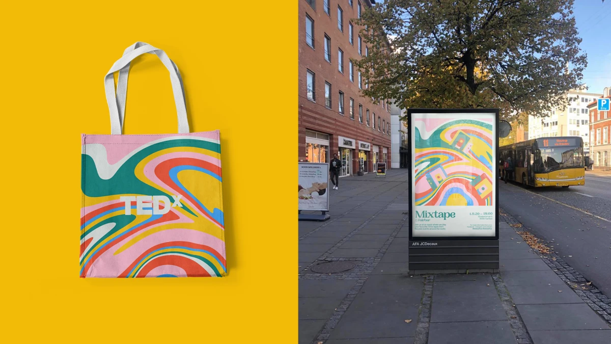 Bag and Event poster design for TEDx with location photo next to main road