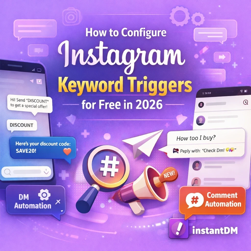 Lavender-themed blog cover showing Instagram keyword trigger automation with DM and comment automation, smartphones, icons, and InstantDM logo.”