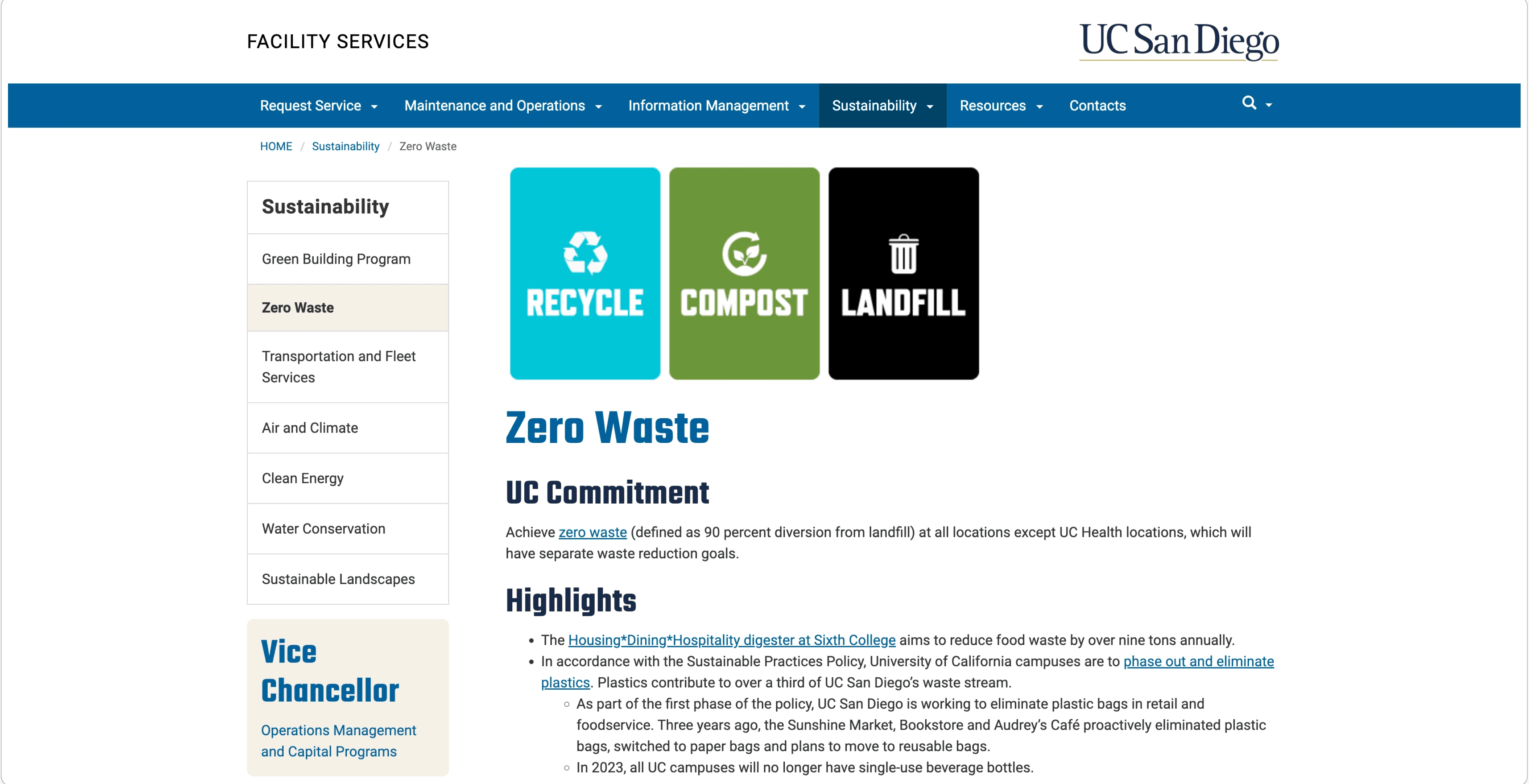 Original UC San Diego Facilities Managment Site Page