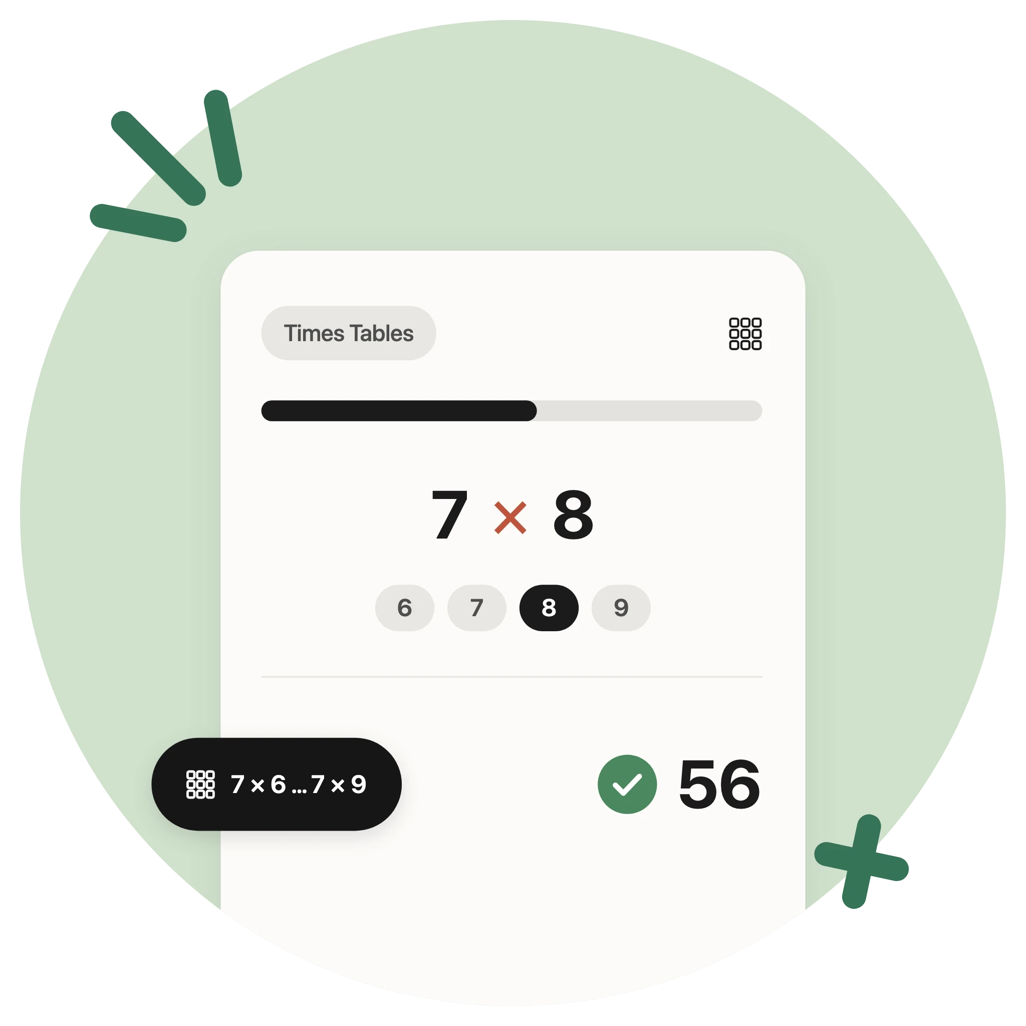 Numbio times tables card asking 7 × 8, with the 7 × 6 to 7 × 9 set selected and 56 marked correct.