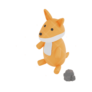 A cute orange cartoon animal with a scarf stands upright, looking cheerful against a simple background.