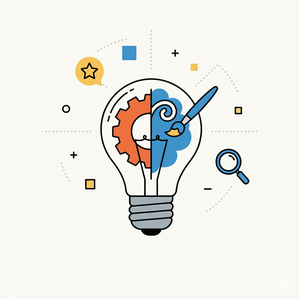 Creative strategy icon showing a lightbulb split between a mechanical gear and a paintbrush coloring a cloud shape, symbolizing a blend of logic and creativity.