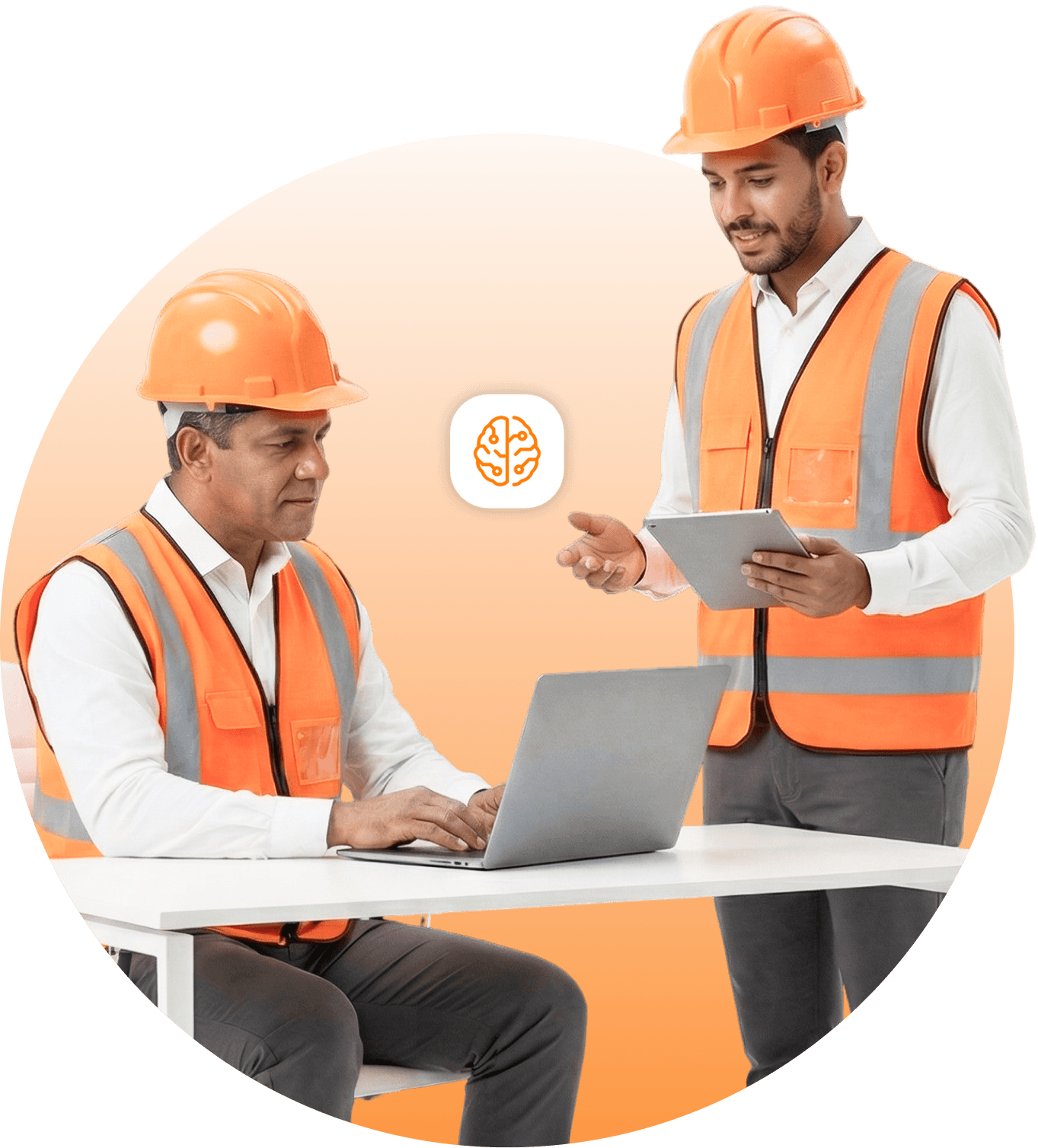 Trabalhador com capacete de segurança, mexendo no telefone, com símbolos do sistema Geequip ao redor