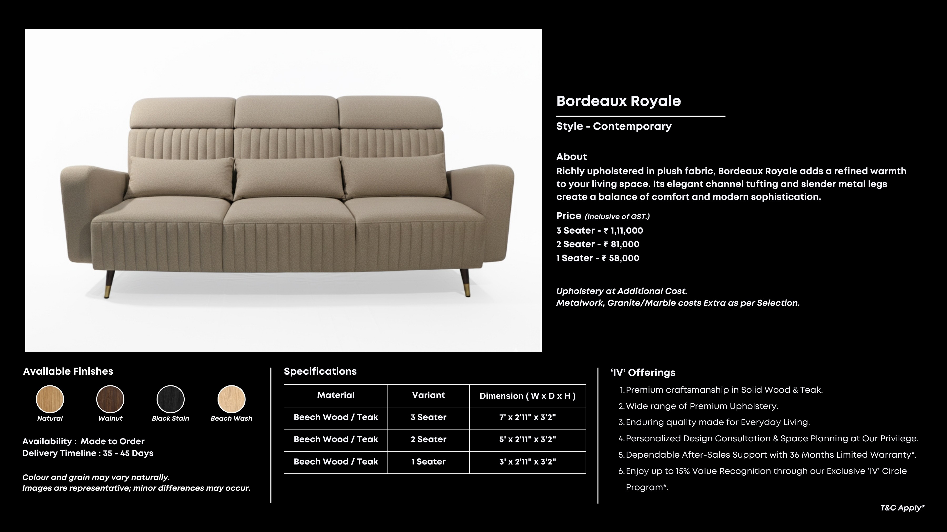 Plum velvet 3-seater with channel tufting and gold-toned legs.