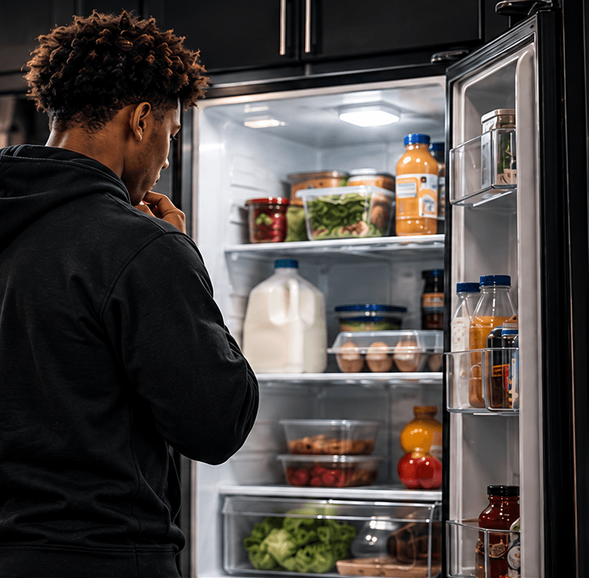 Student-athlete considering food choices while looking into an open refrigerator.