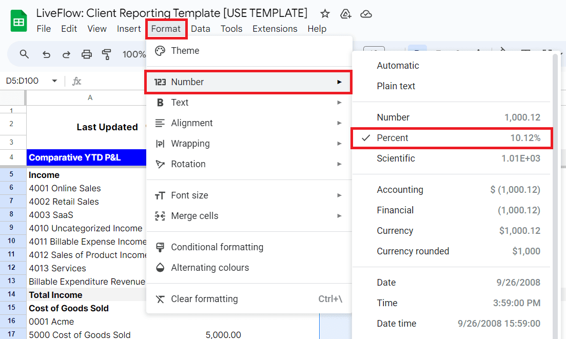Google Sheets Toolbar Formatting as a Percent