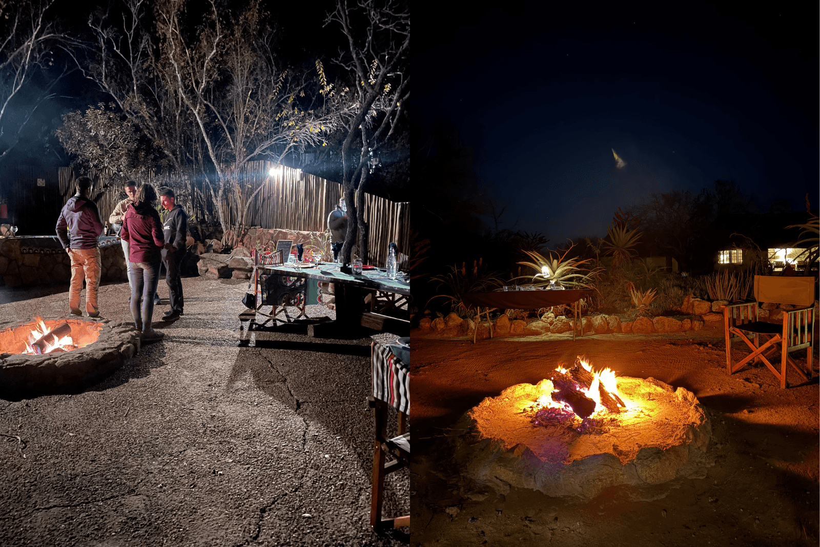 Feu de camp dans un boma traditionnel de safari, ambiance nocturne chaleureuse avec chaises et éclairage doux en pleine nature.