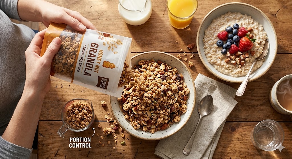 An overhead photograph comparing a large, overflowing bowl of granola being poured from a bag with a separate, smaller glass labeled 'PORTION CONTROL' next to it. Nearby, a full bowl of oatmeal with berries and a glass of orange juice sit on a wooden table.