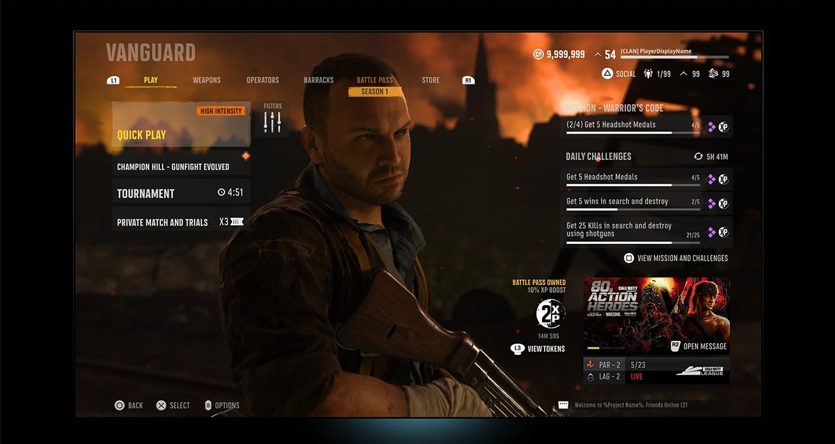 Vanguard lobby access to announcements and league updates.