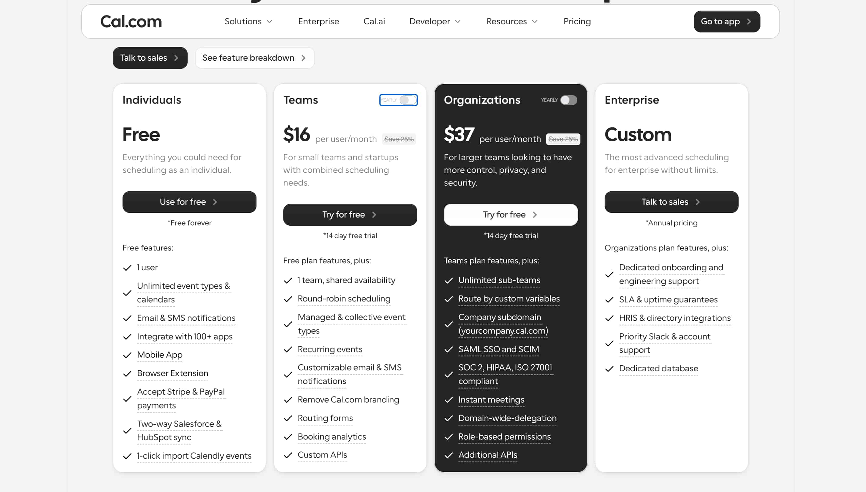 Cal.com pricing page showing subscription plans and feature comparisons
