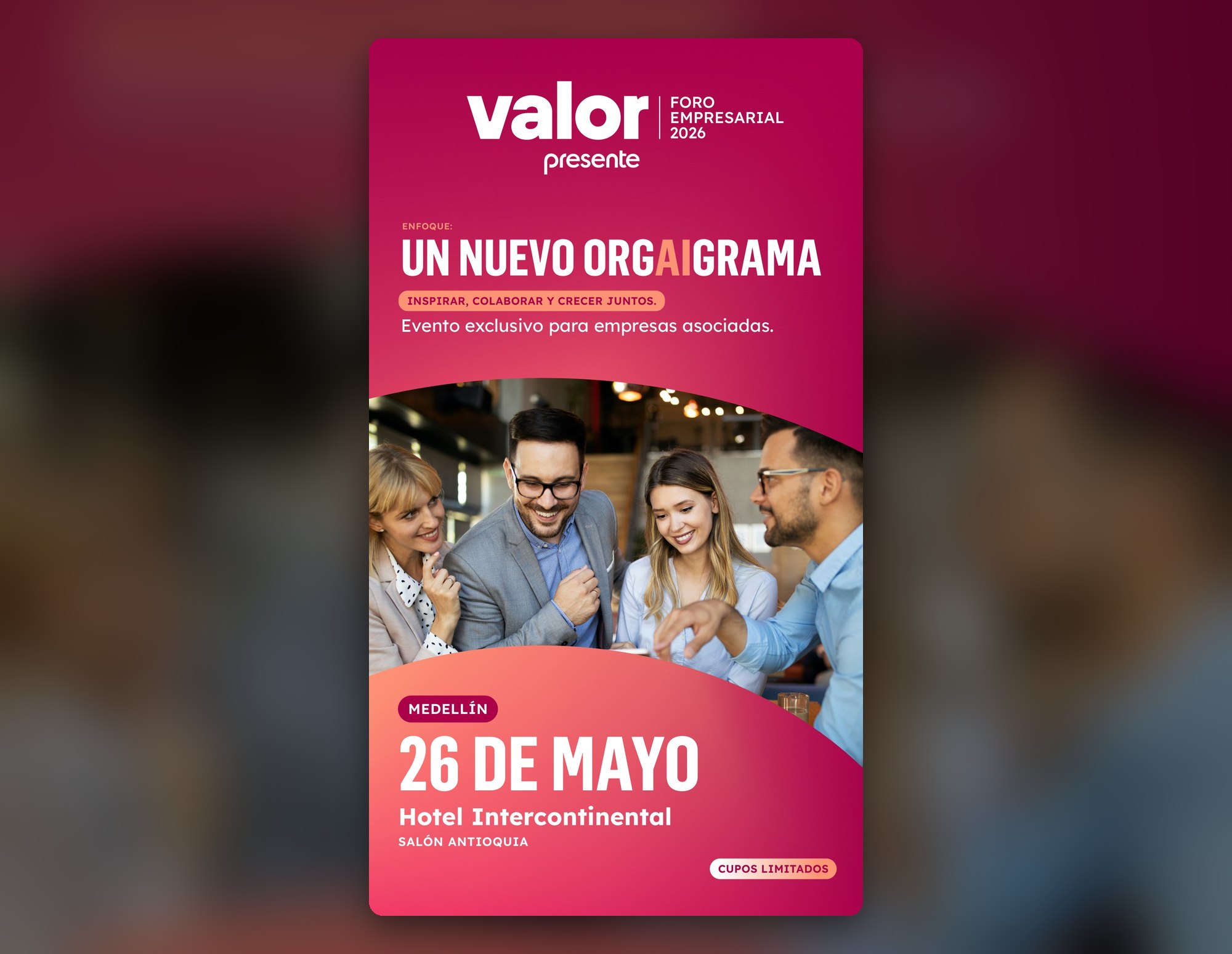 Afiche impreso de Valor Presente con el lema «Un nuevo orgAIgrama» y la fecha del 26 de mayo