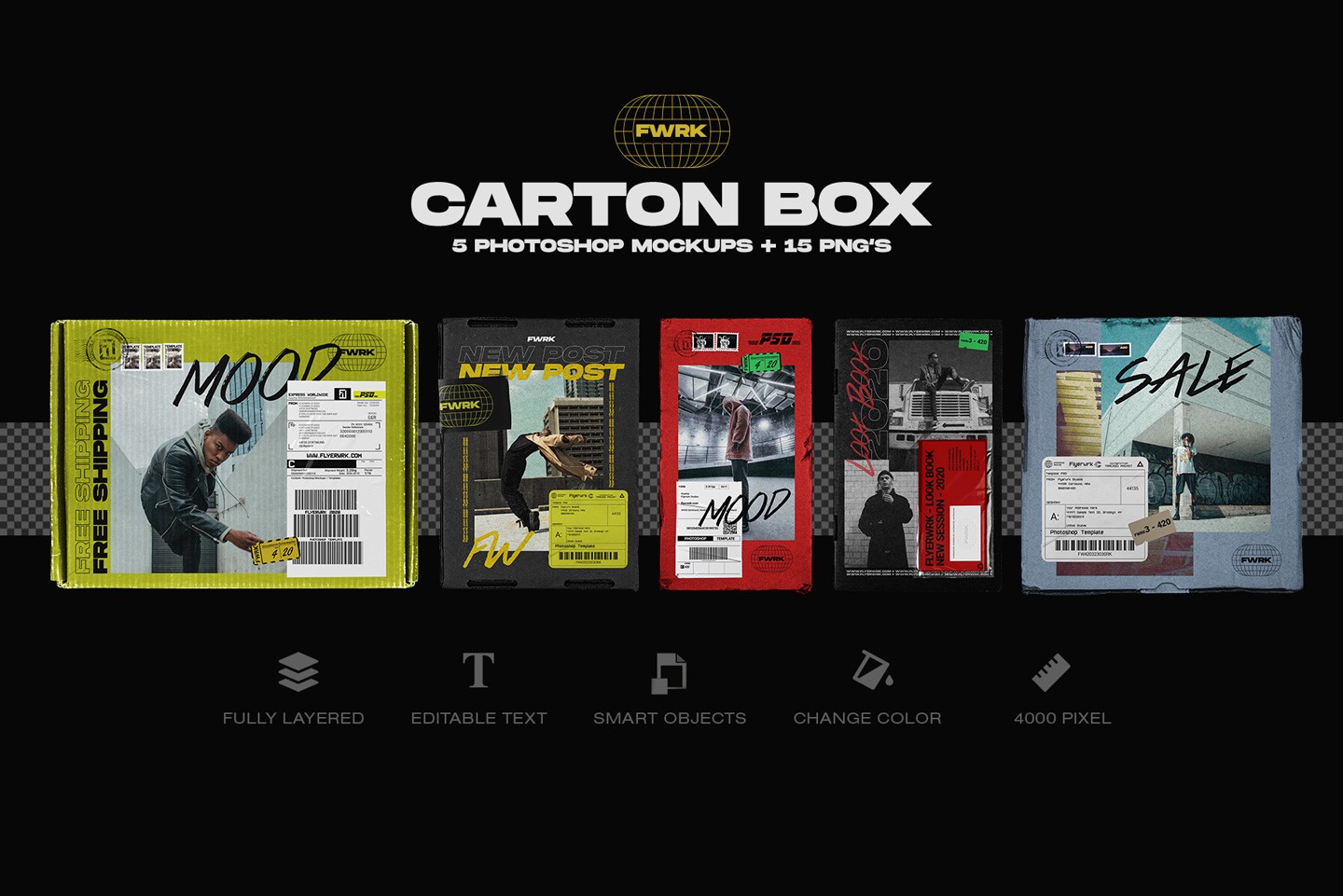 Carton box mockups included in delivery packaging bundle for ecommerce packaging presentation