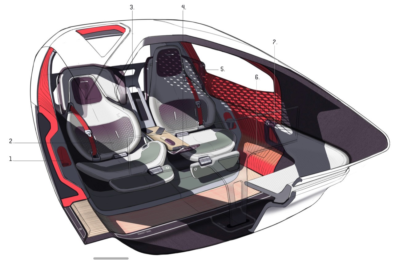 Pencil and photoshop sketch of autonomous car interior concept.