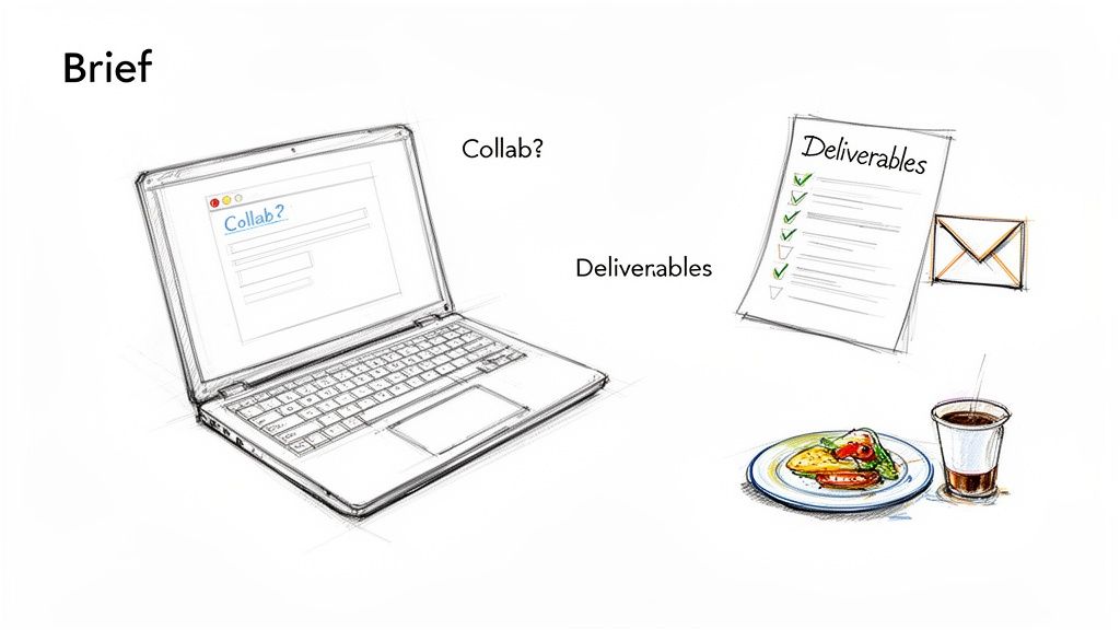 Illustration showing project elements: a laptop with 'Collab?', a 'Deliverables' checklist, an envelope, and a meal.