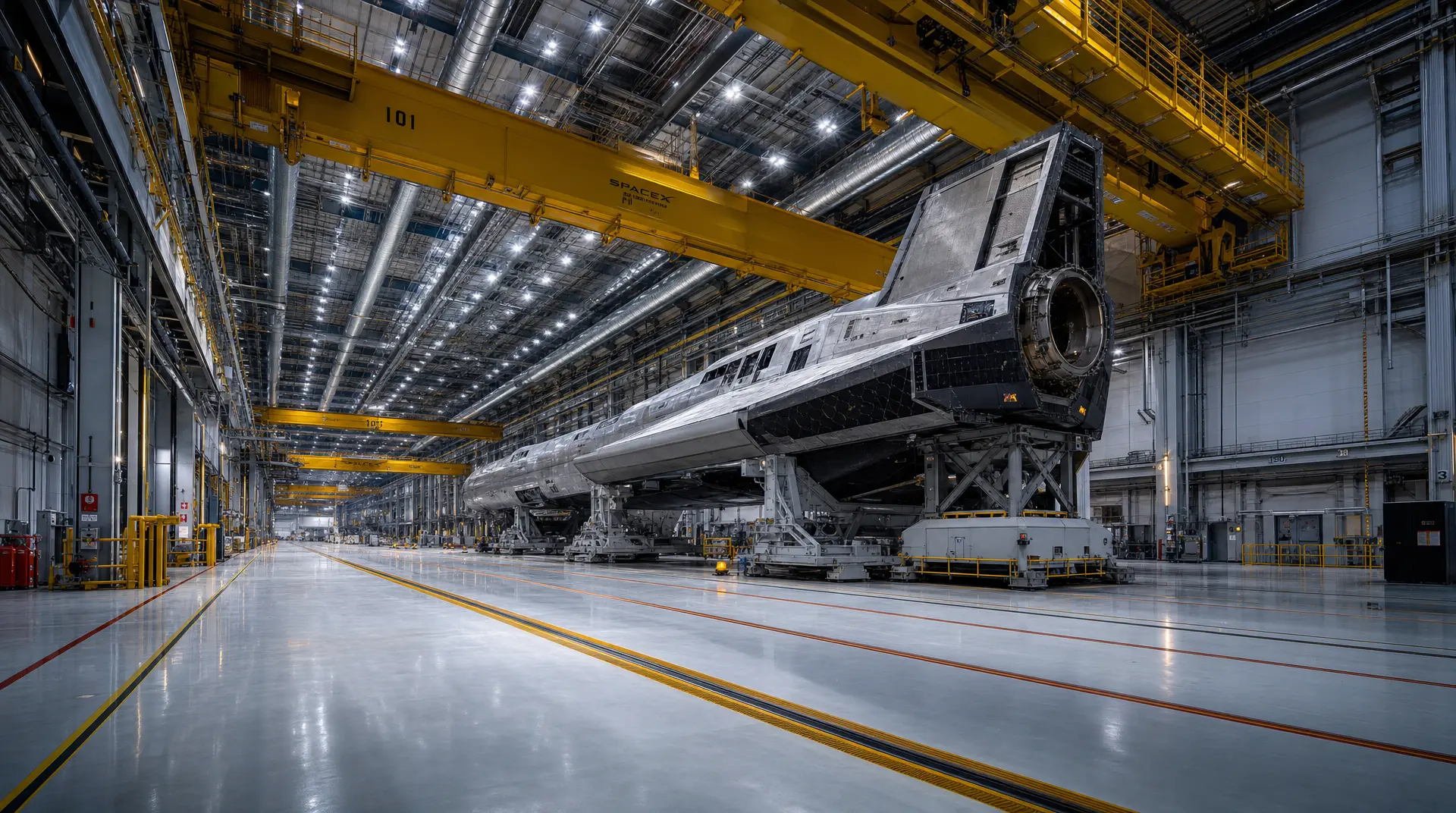 A large SPACEX rocket stands in a high-bay factory, with the "SPACEX" marking on a yellow overhead gantry and the number "101" on the structure beneath bright industrial lights, supporting satellite company branding.