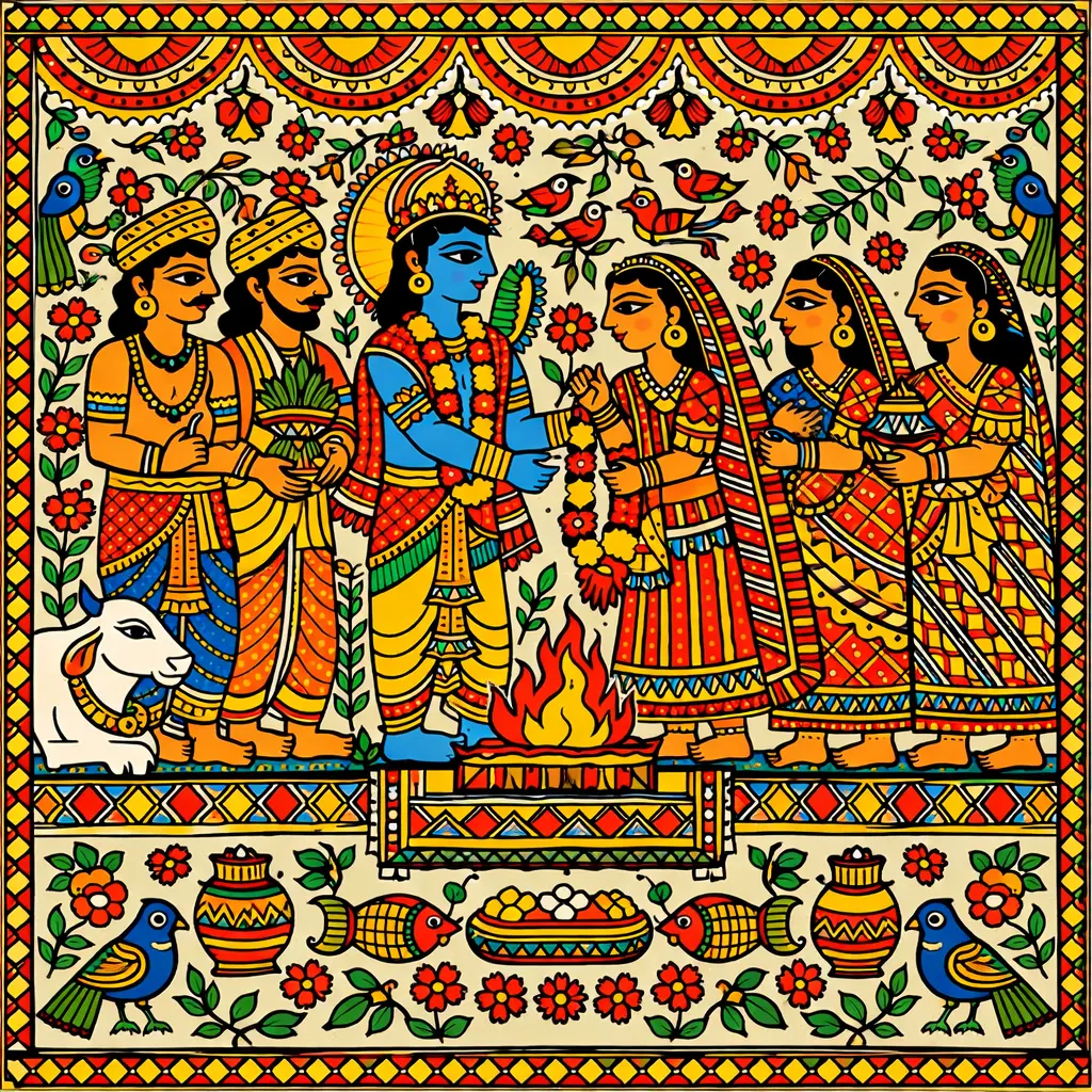 wedding scene, ram sita wedding, sacred fire, mithila motifs