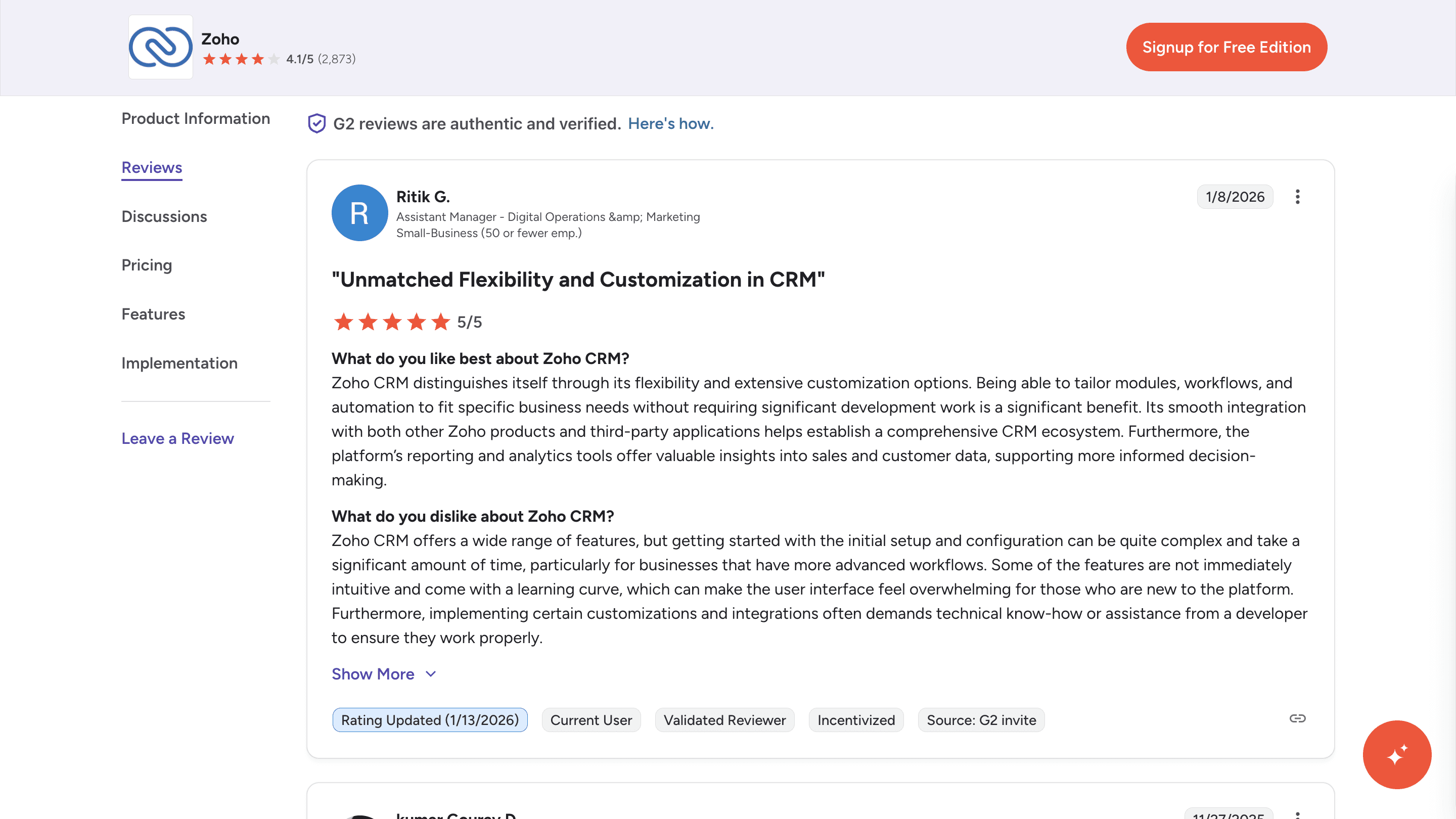 Reviews of Zoho CRM on G2 website