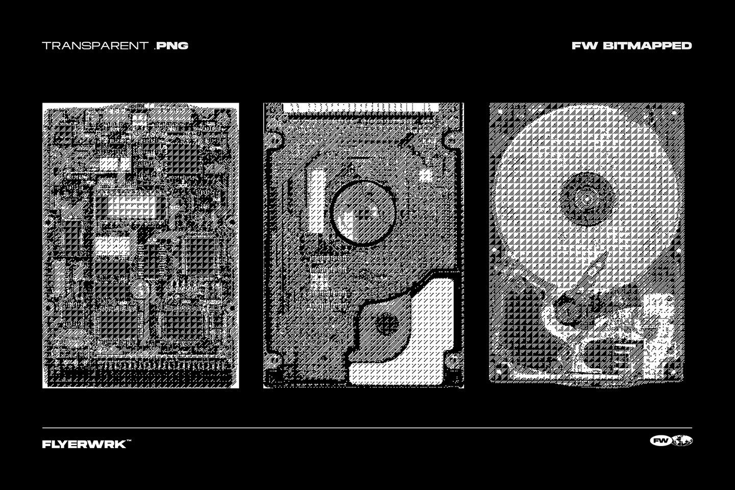 Bitmapped design elements hardware circuit board and hard drive disc with complex bitmap pattern textures