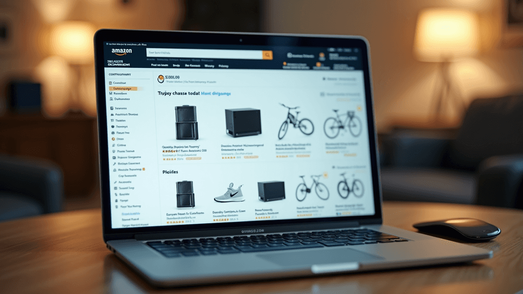 Eye-level view of a laptop screen showing Amazon product listing dashboard
