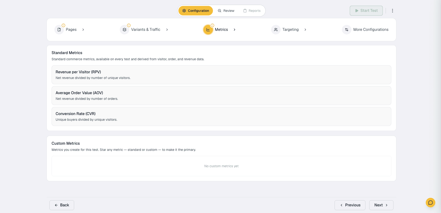 Splitlab campaign setup showing Revenue per Visitor, Average Order Value and Conversion Rate as standard metrics, with a star to mark the primary