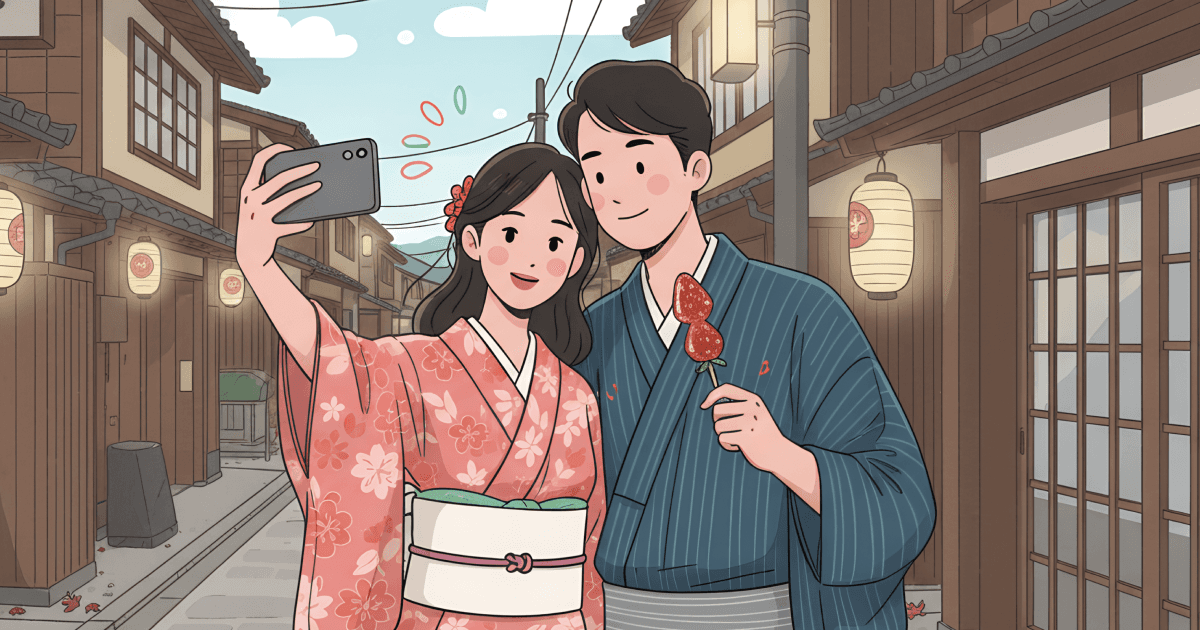 An illustrated young couple on a traditional Kyoto street taking a selfie together. The woman wears a pink floral kimono with a white obi and holds up a phone. The man wears a blue striped kimono and holds a candied strawberry on a stick. Traditional wooden buildings with paper lanterns line both sides of the street. Autumn leaves scattered on the ground. Warm tones with hand-drawn doodle marks. Flat painterly style, variable linework.