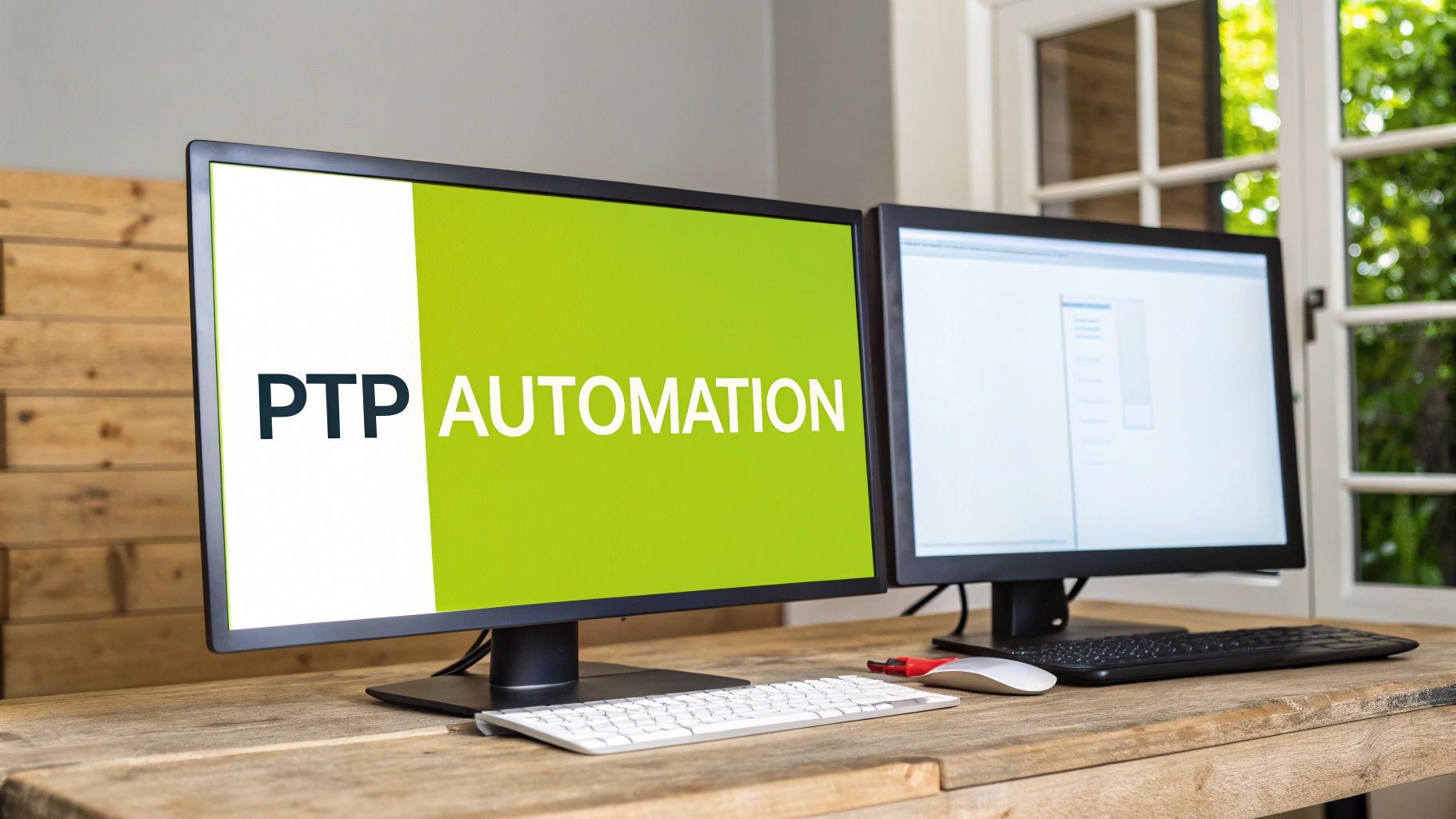 Two computer monitors on a wooden desk, one displaying 'PTP AUTOMATION' in white and green.