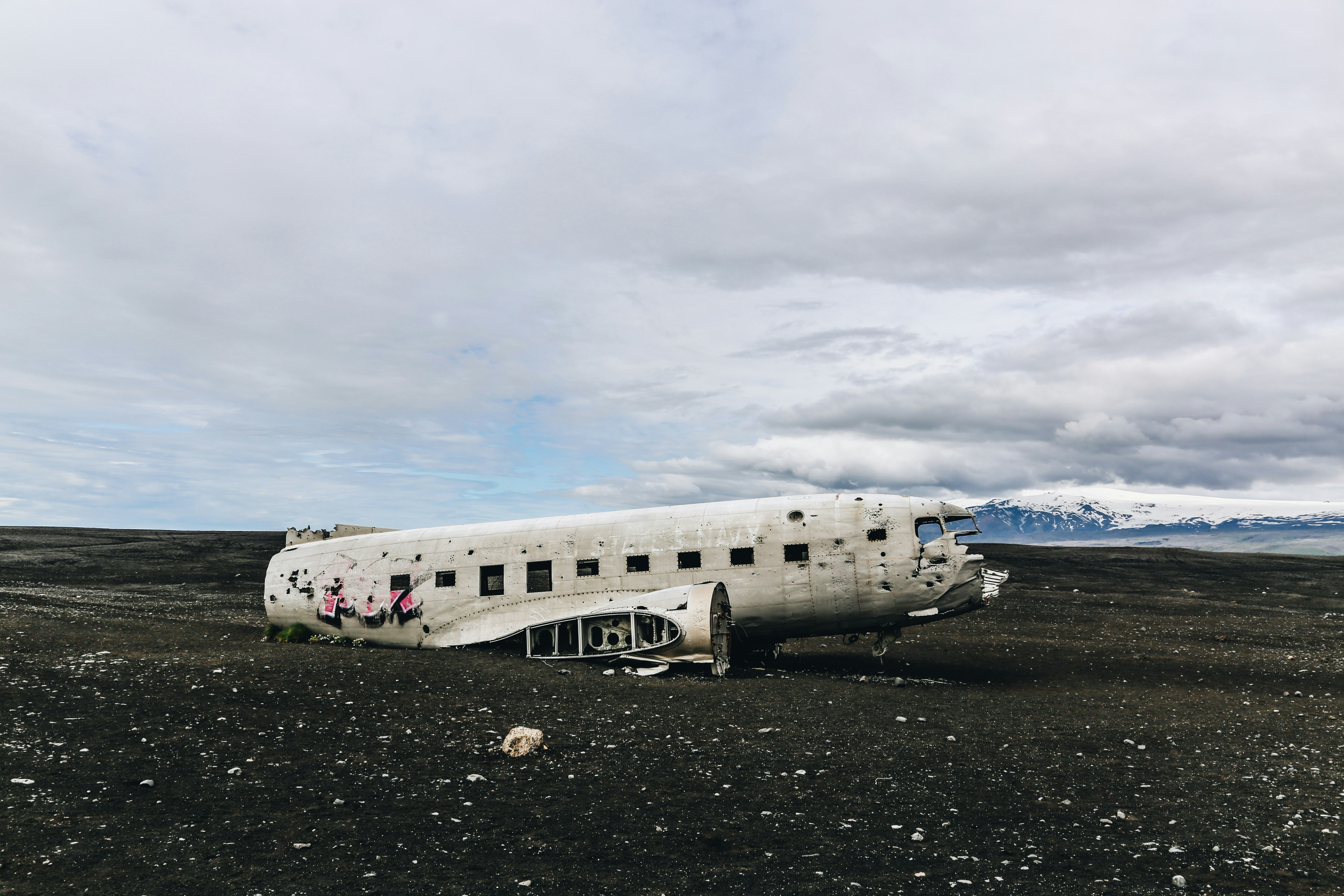 Sólheimasandur DC-3 plane wreck on a black sand plain in South Iceland.