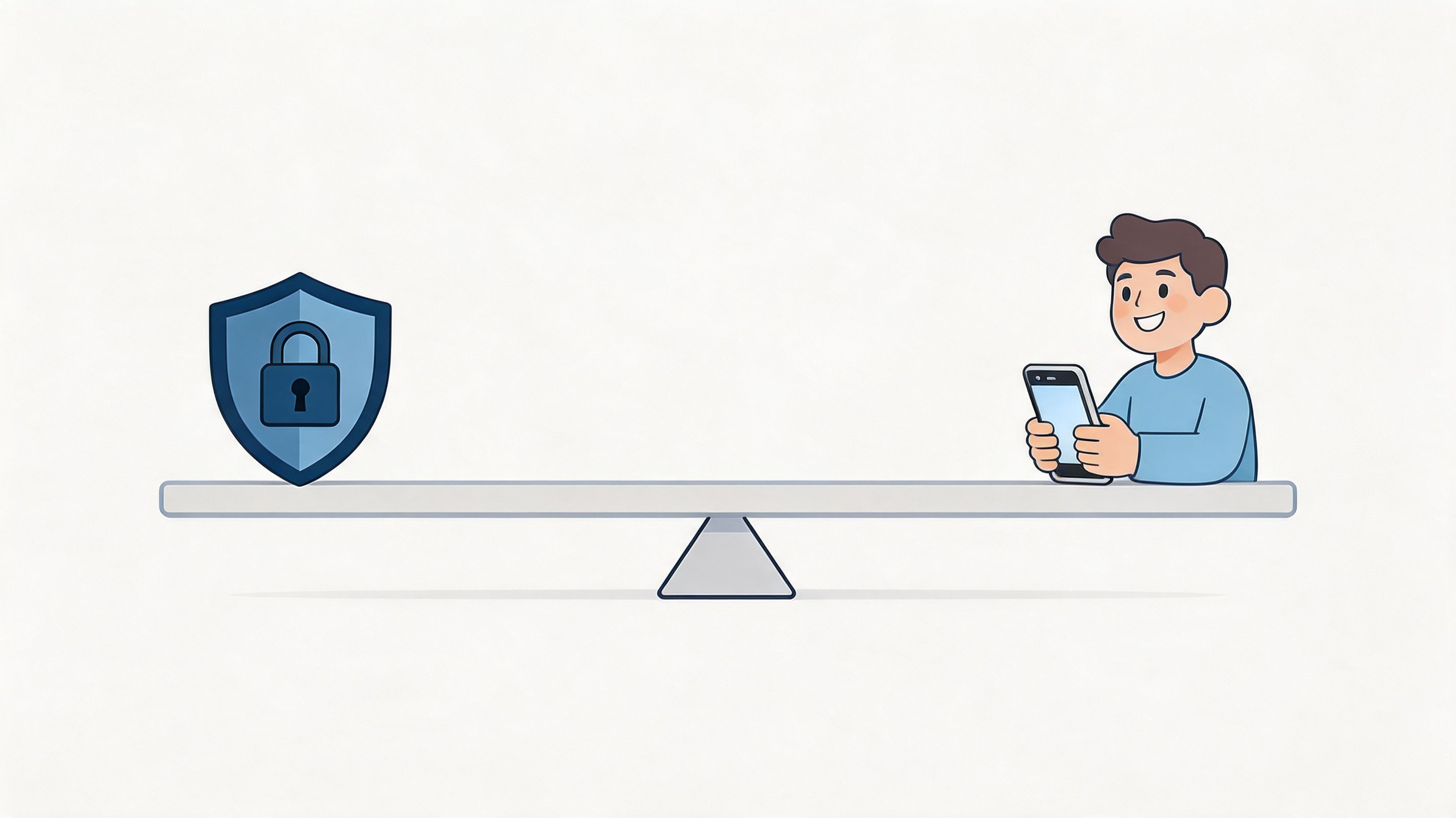 An illustration of a young man holding a smartphone balanced on a scale against a security shield.
