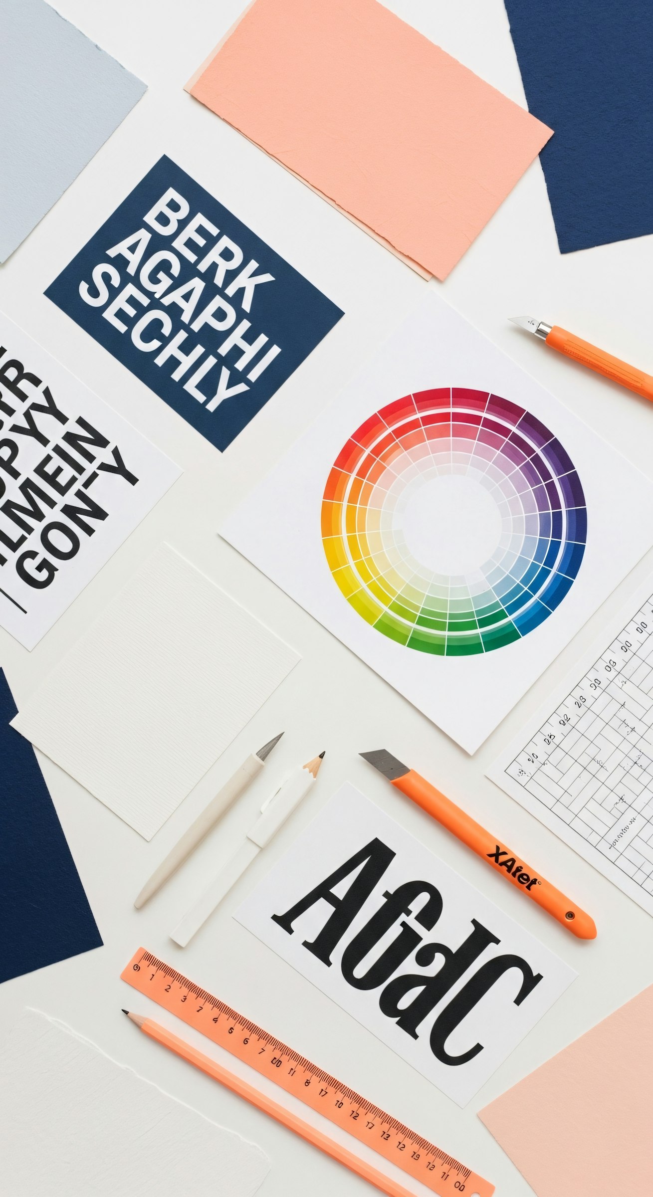 A workspace featuring color theory materials, charts, and pencils, emphasizing visual strategy and planning.