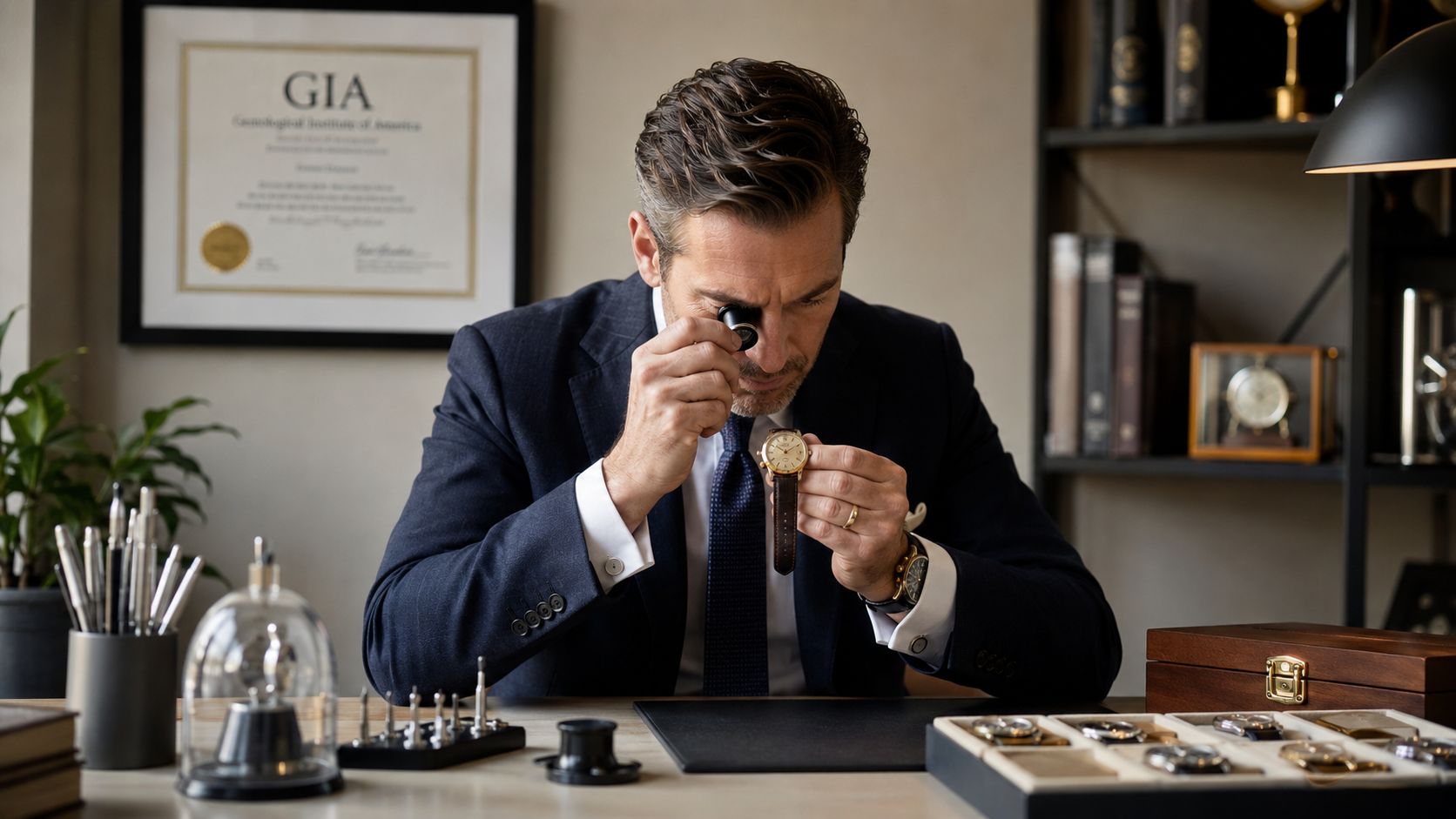 A professional horologist wearing a suit examines a luxury vintage wristwatch using a jeweler's loupe in an office.