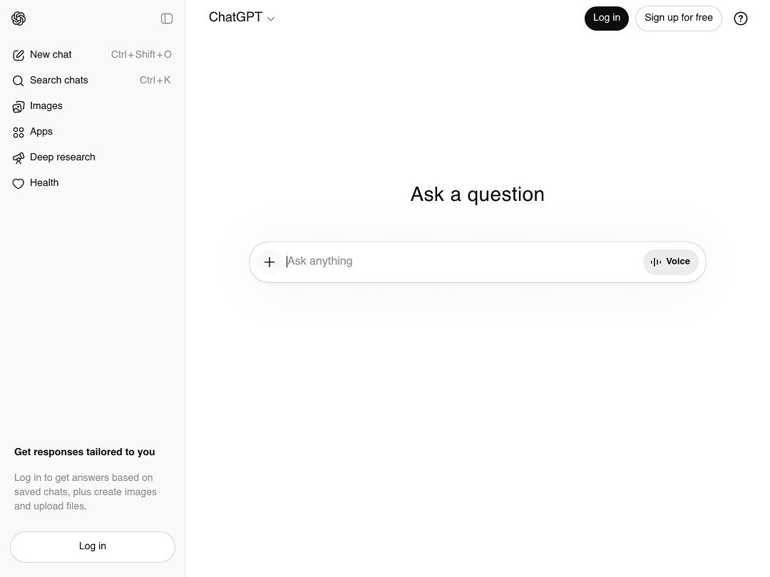ChatGPT interface with "Ask anything" prompt and sidebar options.