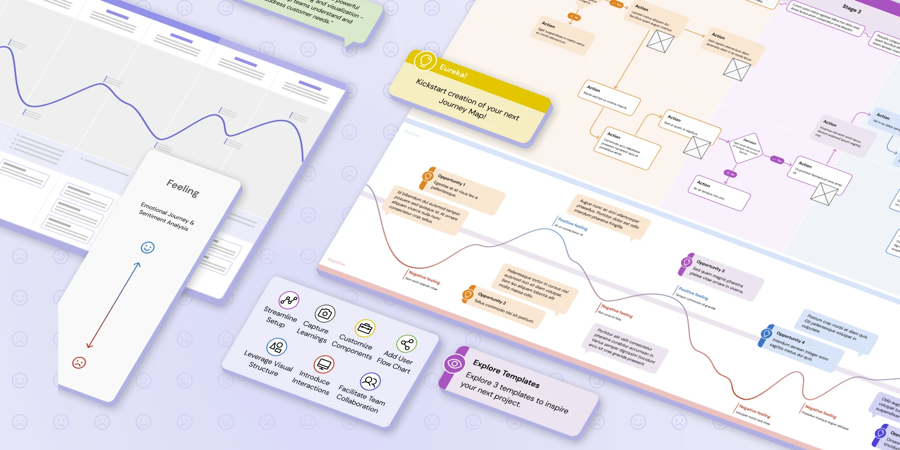 Colorful journey mapping components and templates spread across a purple gradient background, showing various UX mapping frameworks and tools