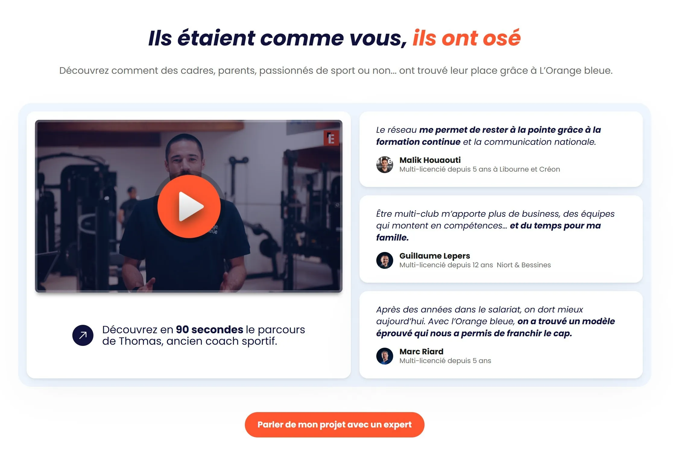section témoignages landing page orange bleue