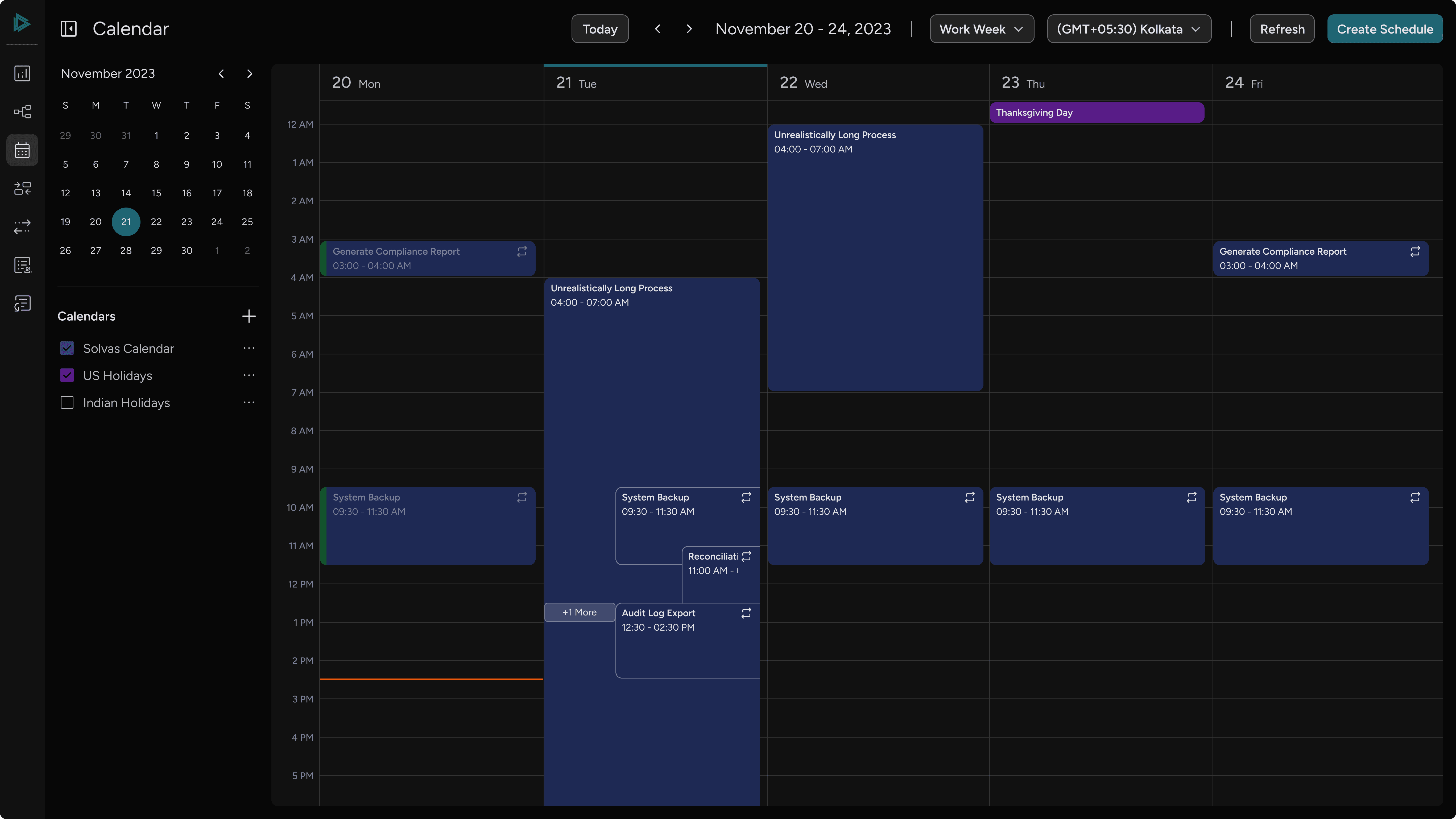 Calendar view showing overlapping events stacked with a “+1 more” option to manage extra events