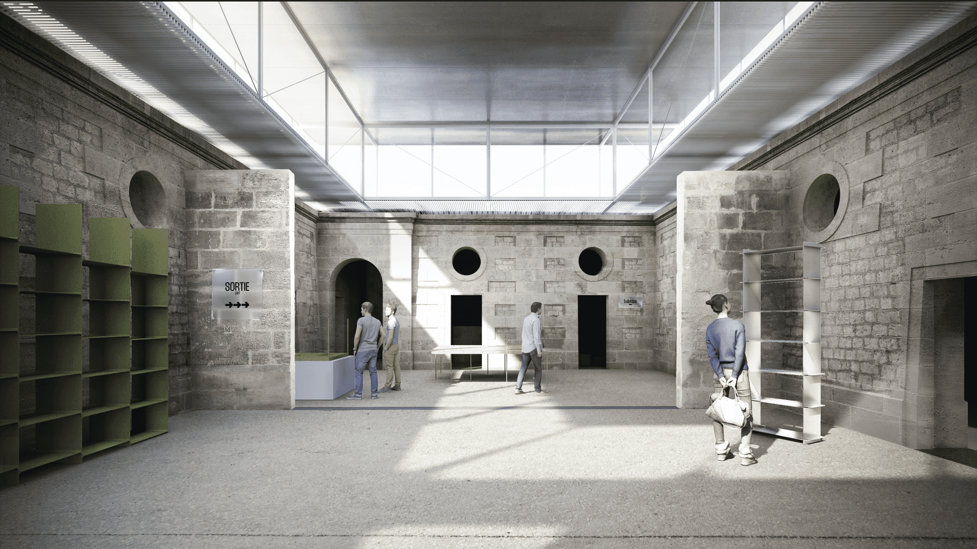 Vue intérieure d'un espace du madd-bordeaux, où l’architecture brutiste rencontre une modernité lumineuse et aérée. L’espace est pensé pour accueillir des expositions novatrices tout en respectant les lignes du patrimoine, créant un cadre pour mieux s’épanouir dans l’art.