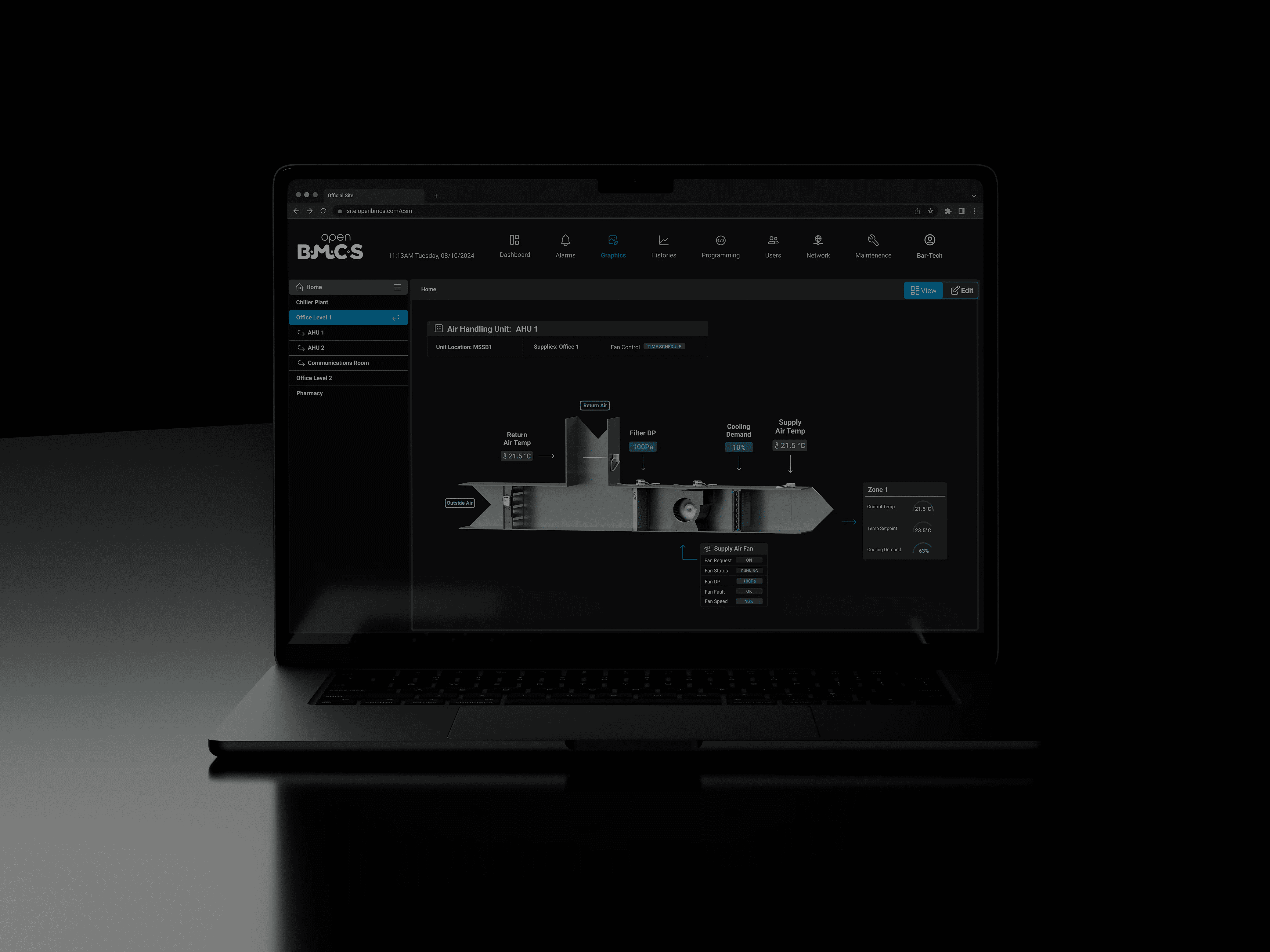 A laptop displaying an AHU (Air Handling Unit) page from the OpenBMCS Building Management System, featuring detailed mechanical information and interactive controls.