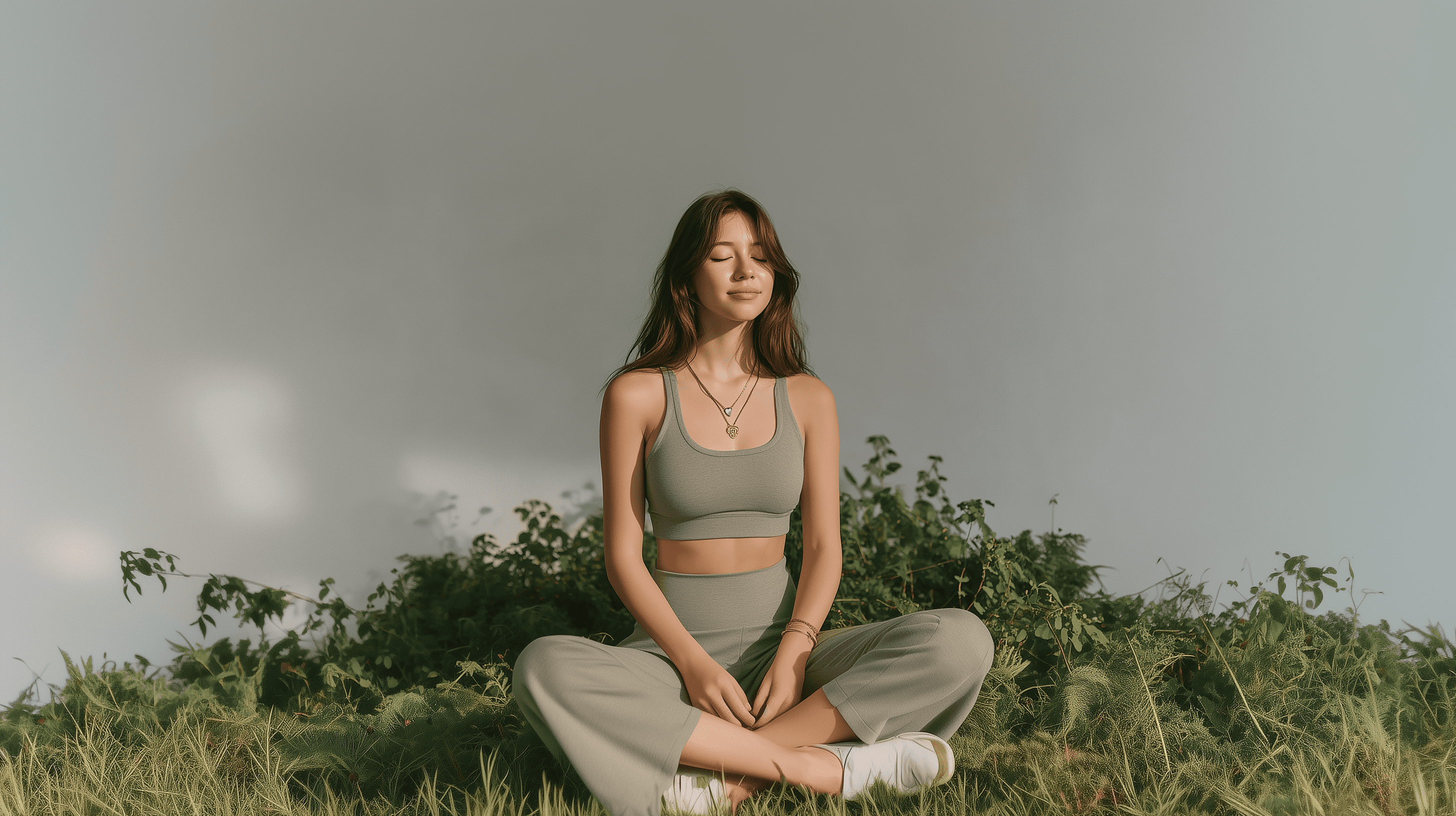 Woman siting in lotus pose meditating over a brightly lit green hill