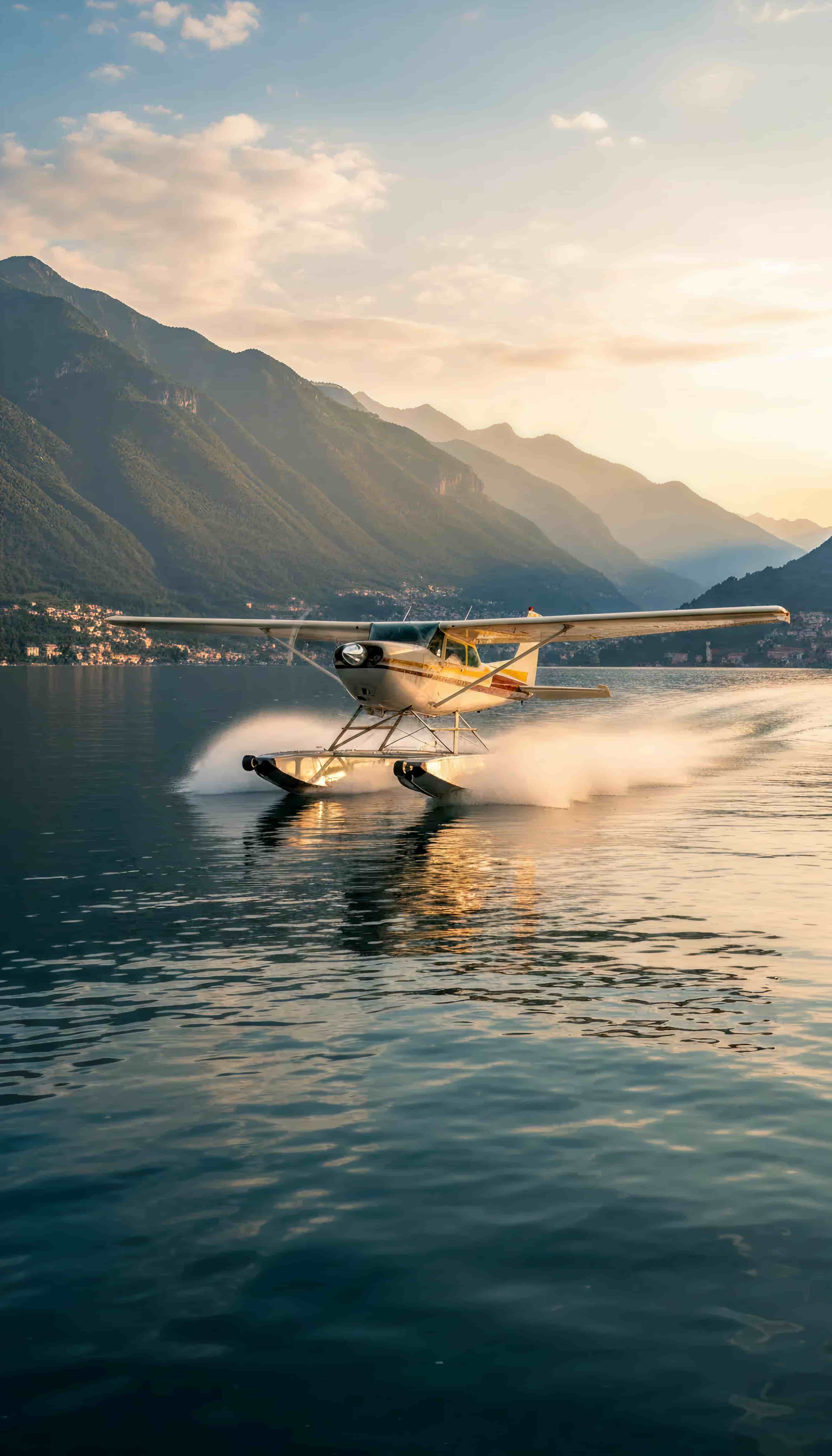 Idrovolante decolla sul lago di como con vista panoramica