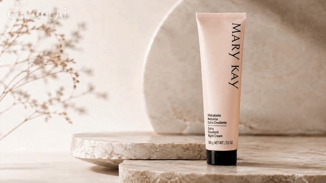 Hidratante Noturno Extra Emoliente Mary Kay em composição editorial para cuidado de áreas secas.