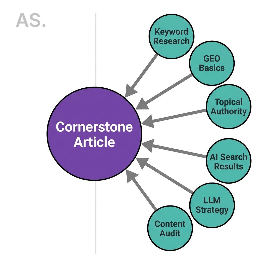 Diagram showing a content cluster architecture with a central cornerstone article surrounded by six supporting cluster posts all linking back to the center