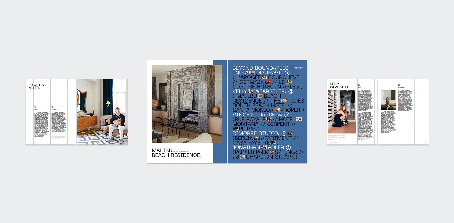Open magazine spread showcasing modern interior design, featuring a living room with contemporary furniture, artwork, and decorative accents; SEO keywords: modern interior design, contemporary furniture, living room decor.