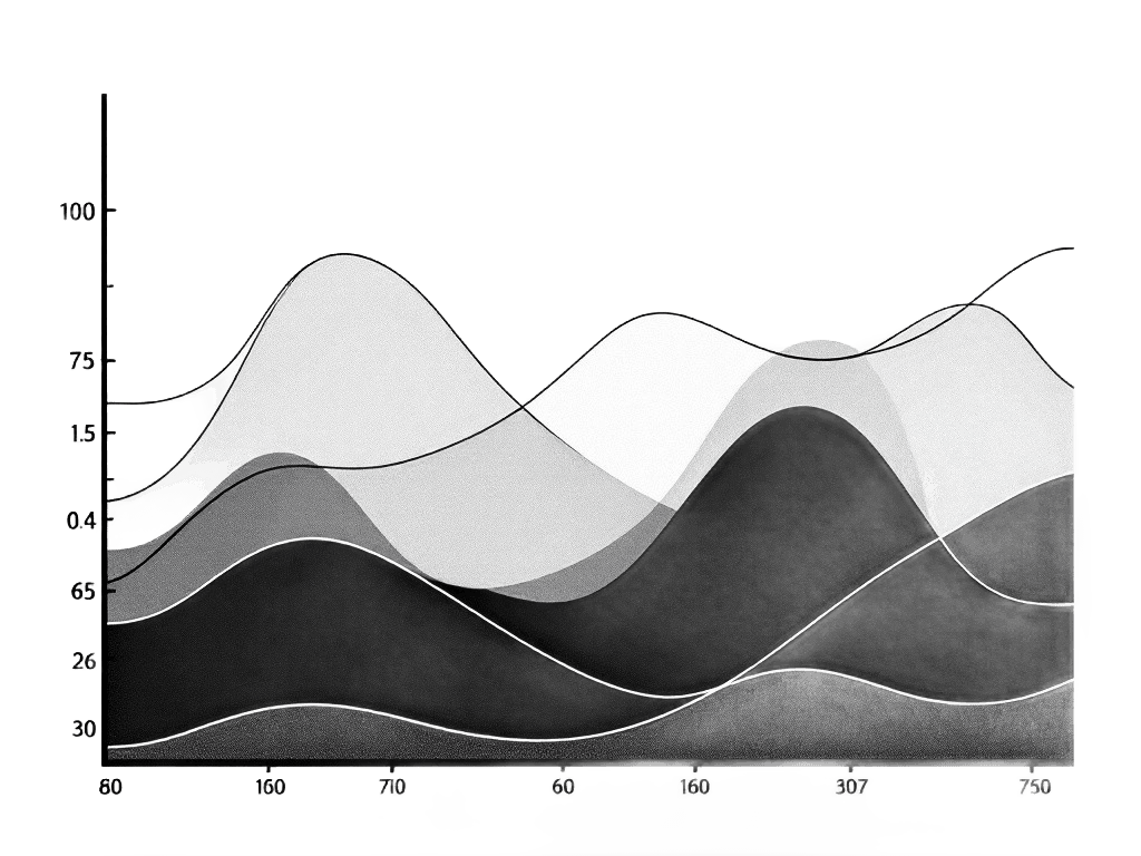 A black and white line graph with multiple lines and shaded areas.