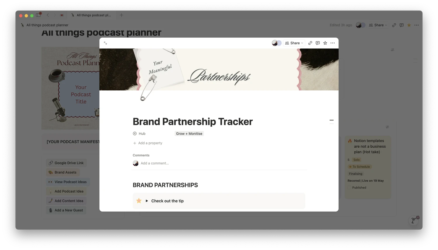 Brand partnership tracker in Notion for managing sponsors, deliverables, deadlines, and payments
