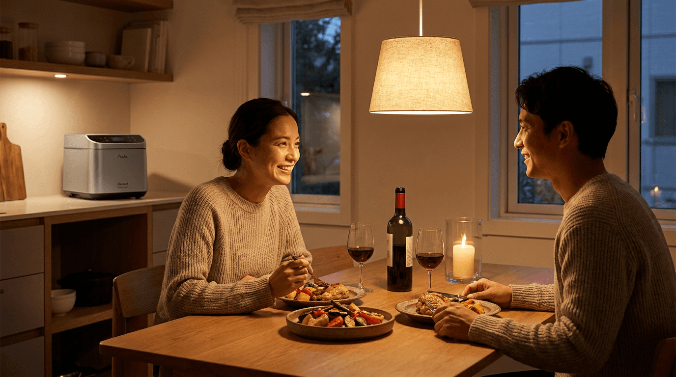 Couple enjoying a home-cooked macro tracked dinner with Posha Robot Chef in background