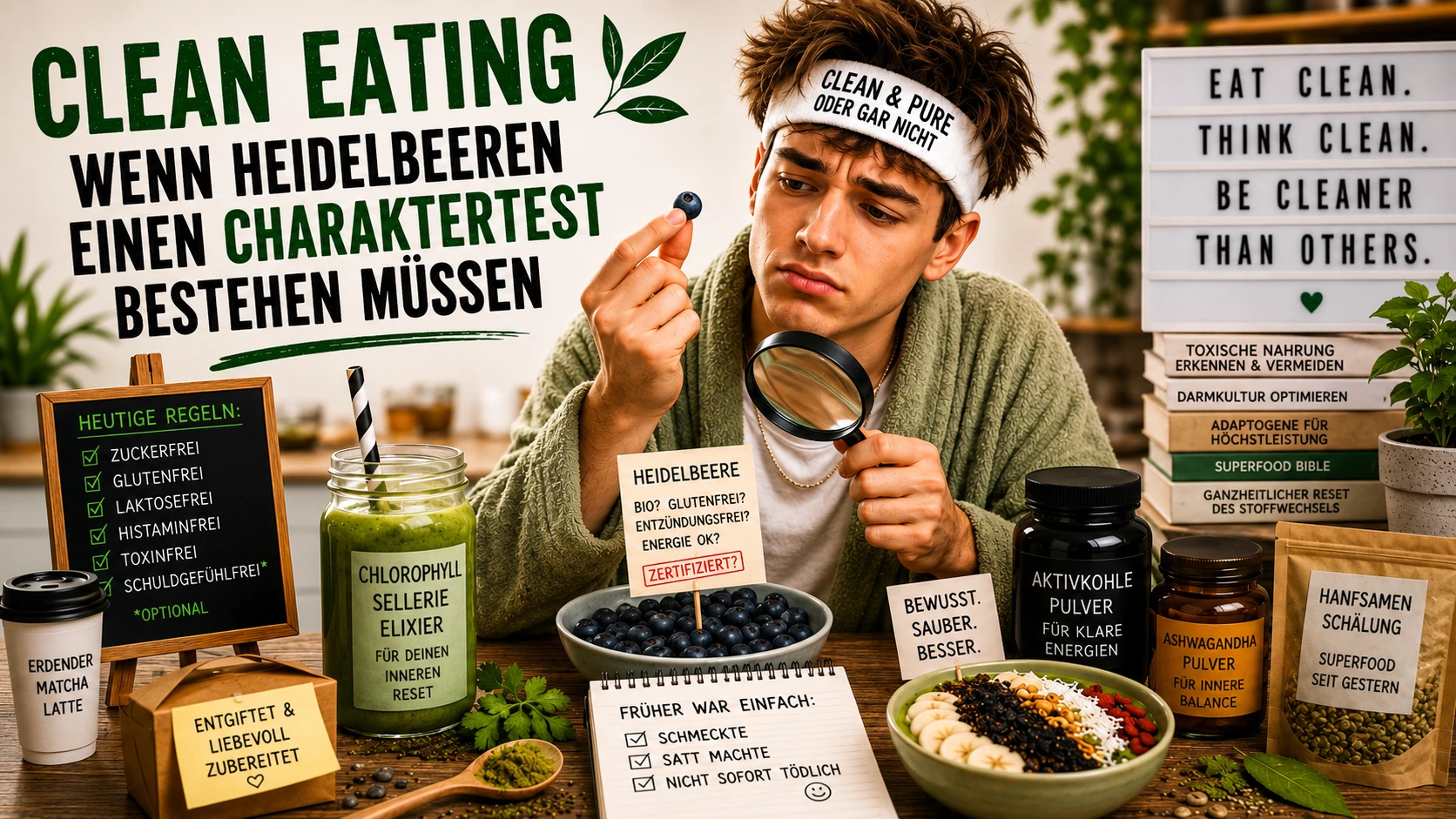 Junger Mann prüft eine Heidelbeere mit der Lupe zwischen Clean-Eating-Produkten und zahlreichen Ernährungsregeln.