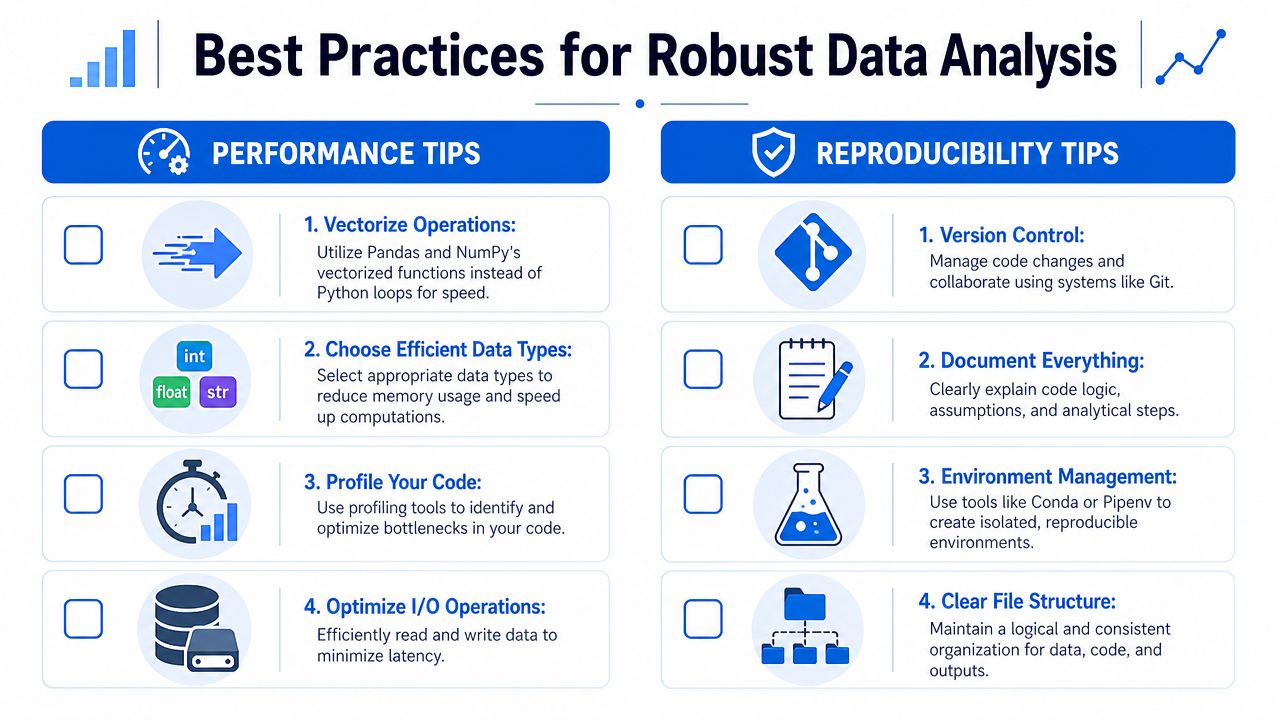 A visual guide outlining eight best practices for robust data analysis, covering performance optimization and reproducibility tips.